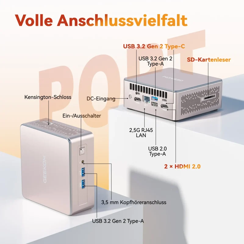 Geekom A5 Mini PC: Volle Anschlussvielfalt