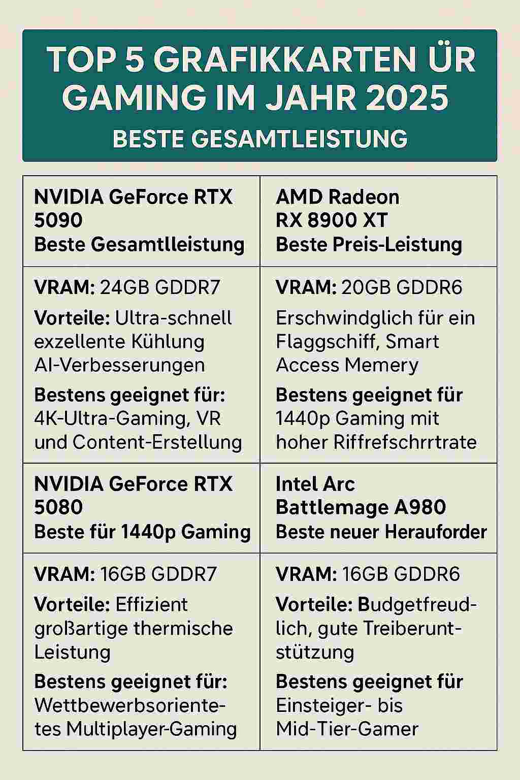 TOP5 Grafikkarten für Spiele im Jahr 2025