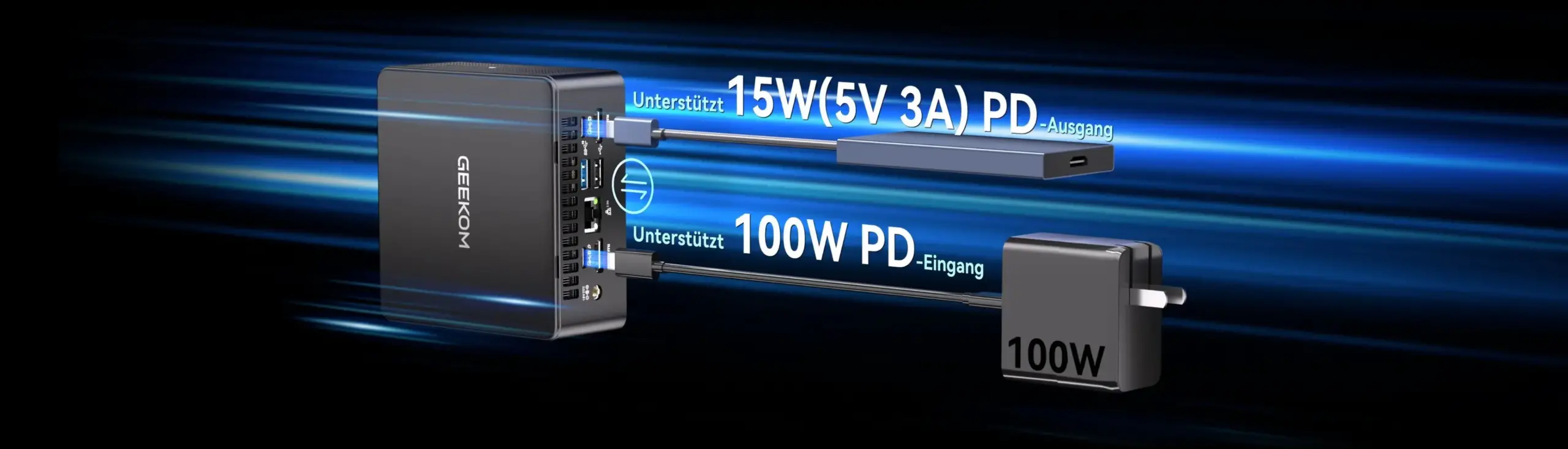 GEEKOM IT15 Mini PC unterstützt 15W (5V 3A) PD Ausgang und 100W PD Eingang.