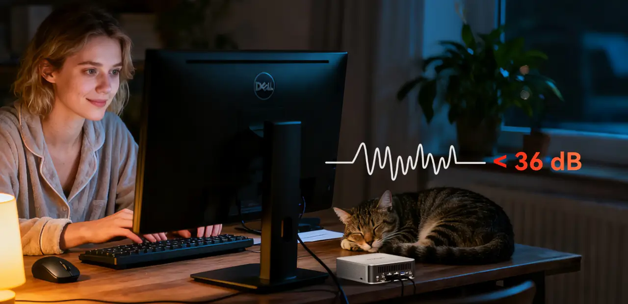 Die Frau arbeitet an ihrem A7 Max Mini-PC, dessen Geräuschpegel unter 36 dB liegt, sodass die Katze ruhig schlafen kann.