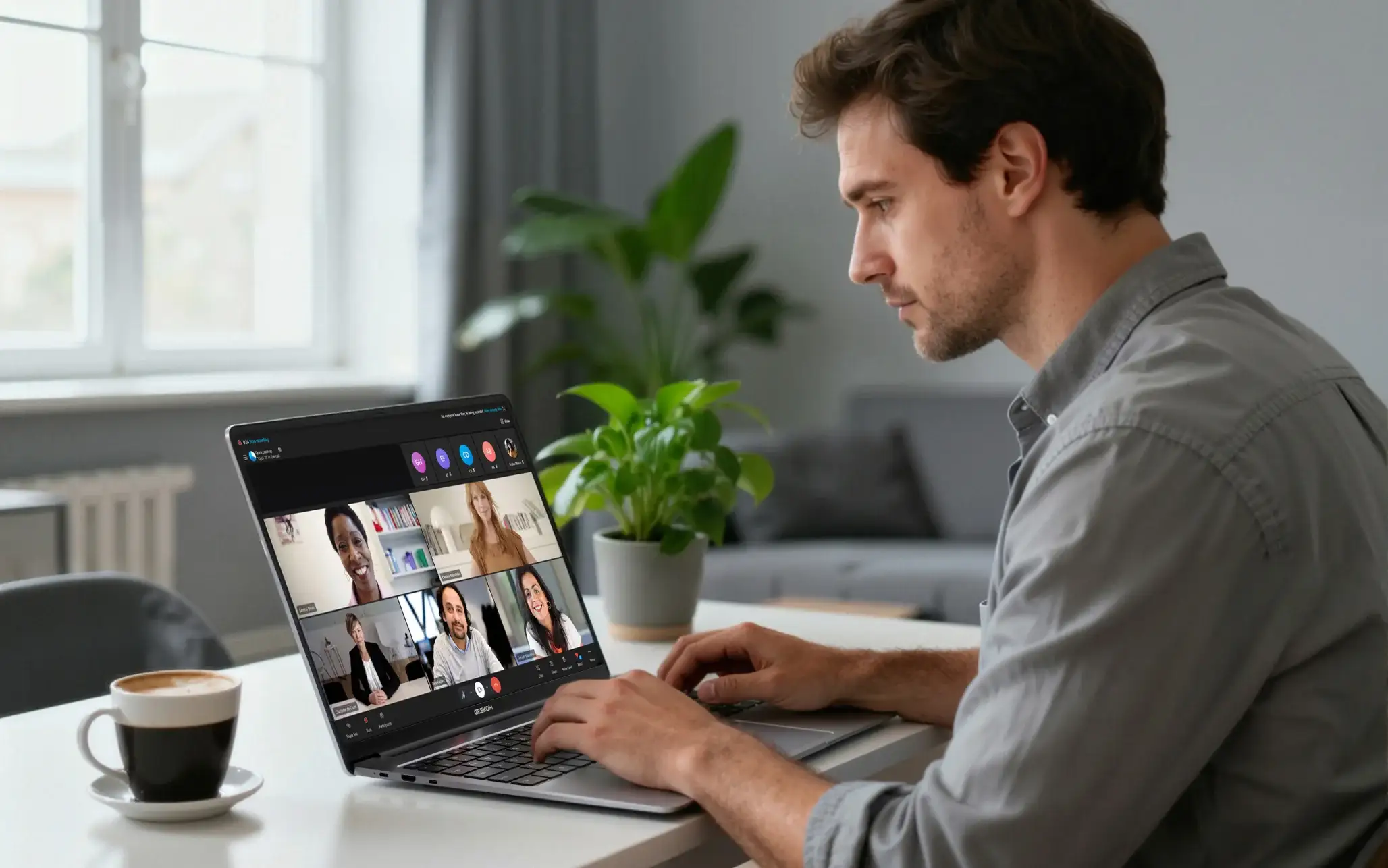 Ein Herr führt eine Videokonferenz mit dem Geekbook X16 Pro durch.