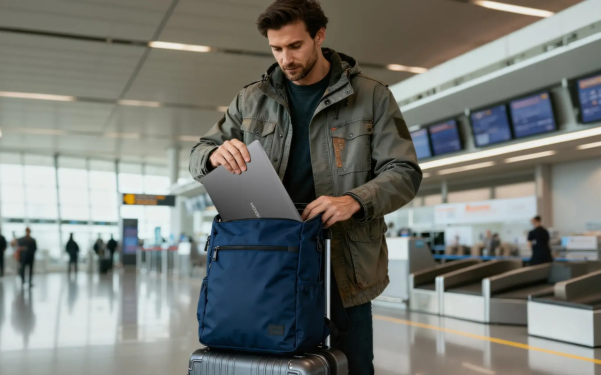 Ein Mann holte am Flughafen ein Geekbook X16 Pro heraus.