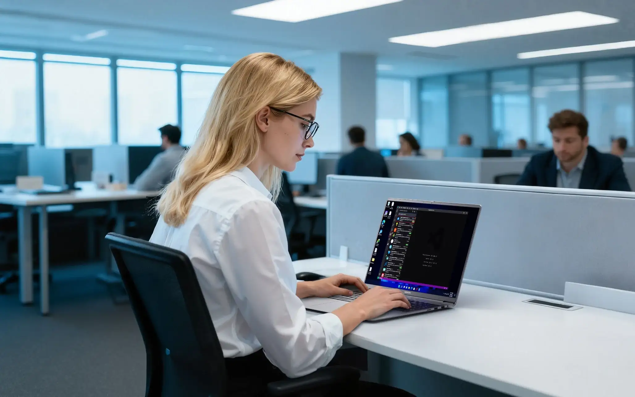 Eine Frau arbeitet an einem Geekbook X16 Pro.