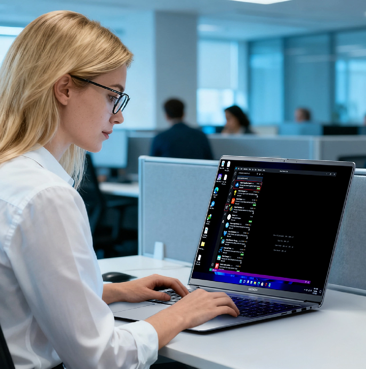 Eine Karrierefrau arbeitet an einem Geekom-Laptop.