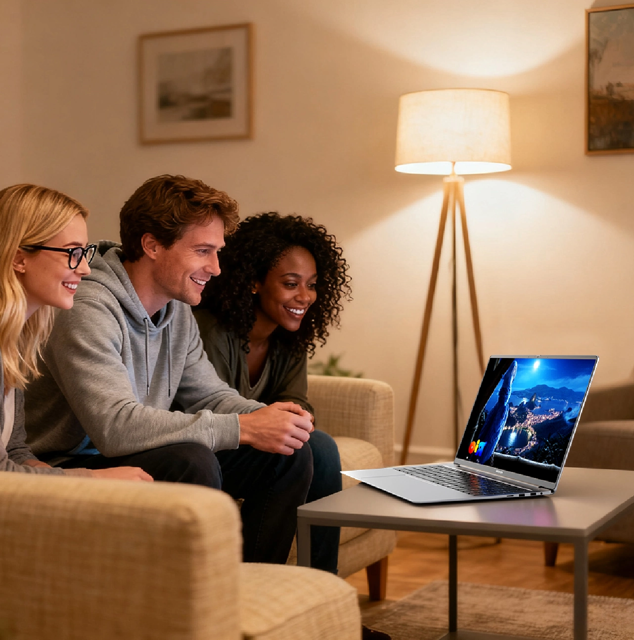 Drei Personen entspannen sich zu Hause und schauen sich Videos auf ihrem GEEKOM LAPTOP an.