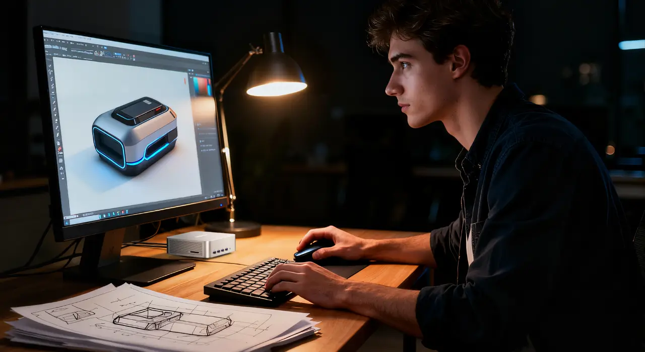 Ein Herr gestaltet etwas mit einem A7 MAX MINI PC.