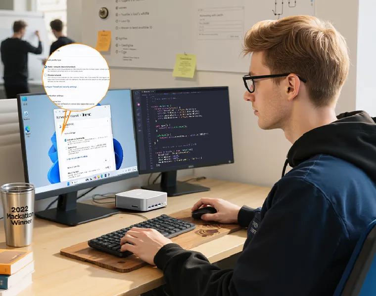 Ein Mann lädt eine Datei herunter.