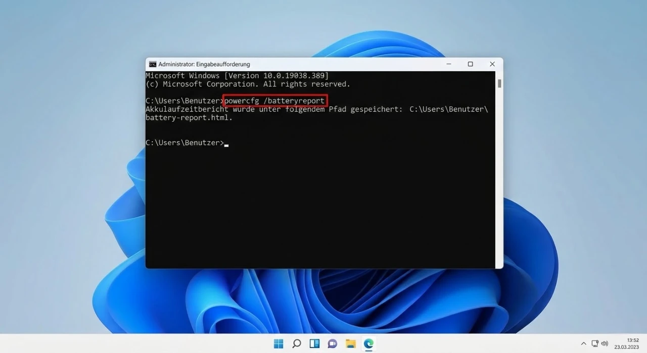 Geben Sie powercfg /batteryreport ein und drücken Sie die Eingabetaste.