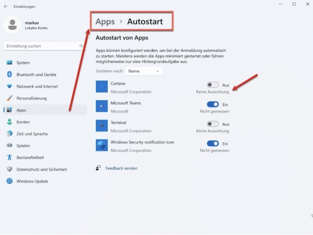 Autostart Windows 11 [Screenshot Windows Einstellungen → Apps → Autostart]