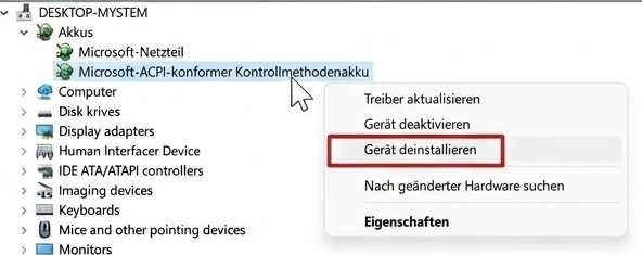Klicken Sie mit der rechten Maustaste auf „Microsoft-ACPI-konformer Kontrollmethodenakku" und wählen Sie „Gerät deinstallieren".