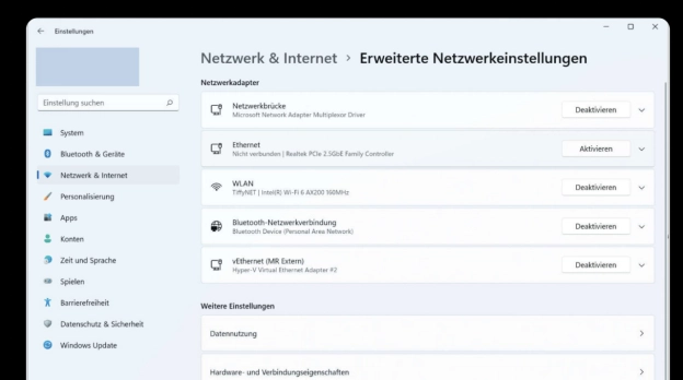 Windows 11 Netzwerk und Internet mit aktivem Tethering-Adapter