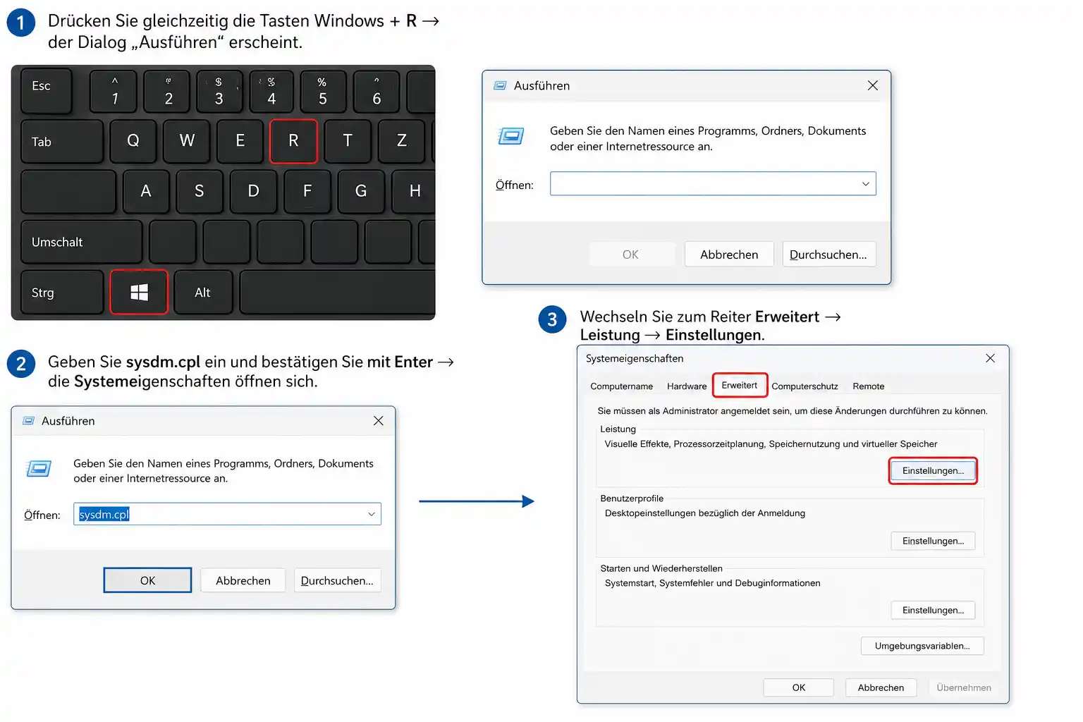 Die Einstellungen für den virtuellen Speicher öffnen