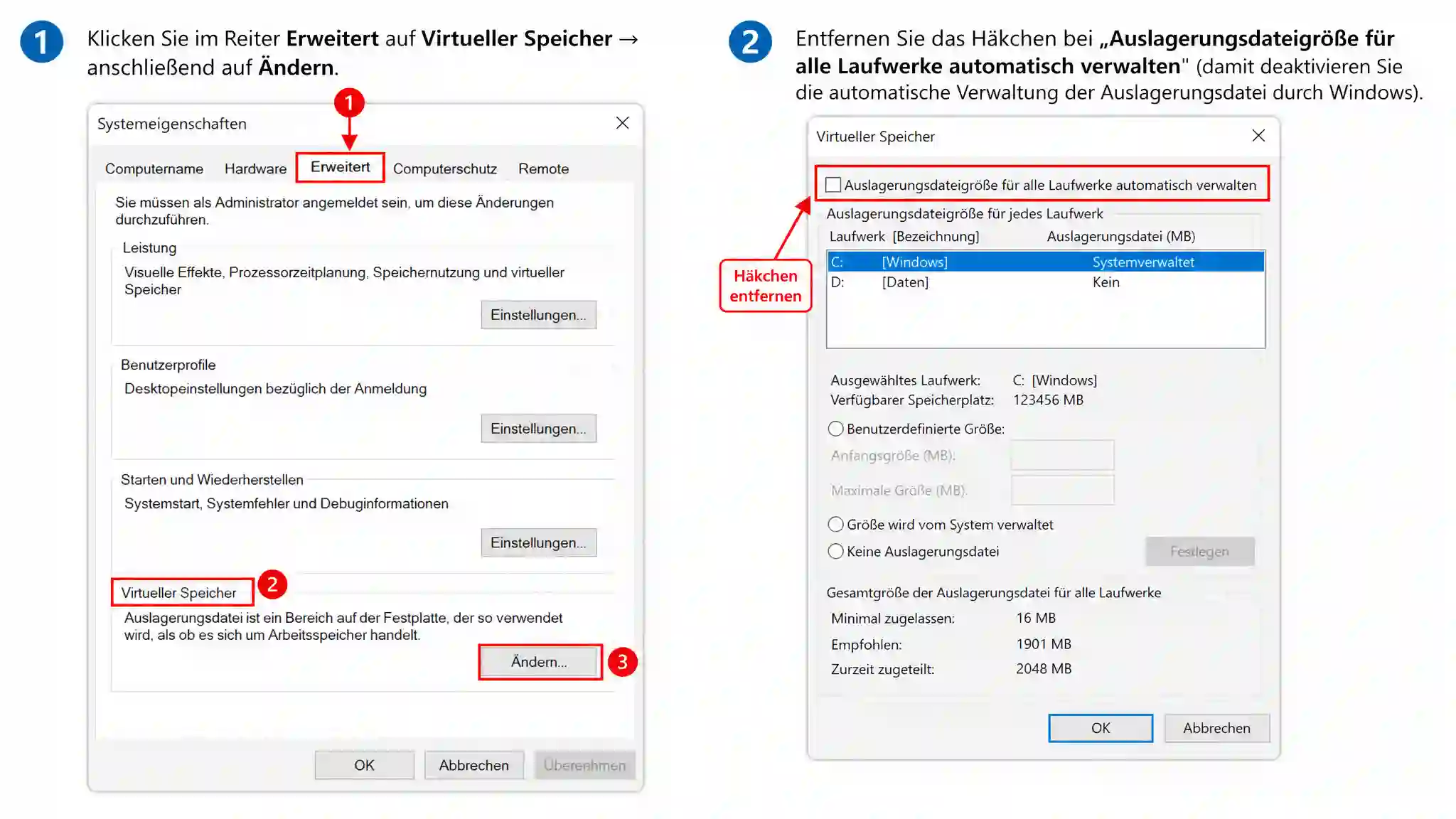 Die Optionen für den virtuellen Speicher aufrufen
