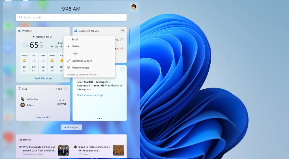 Windows 11 Widget-Bereich mit Nachrichten und Wetter