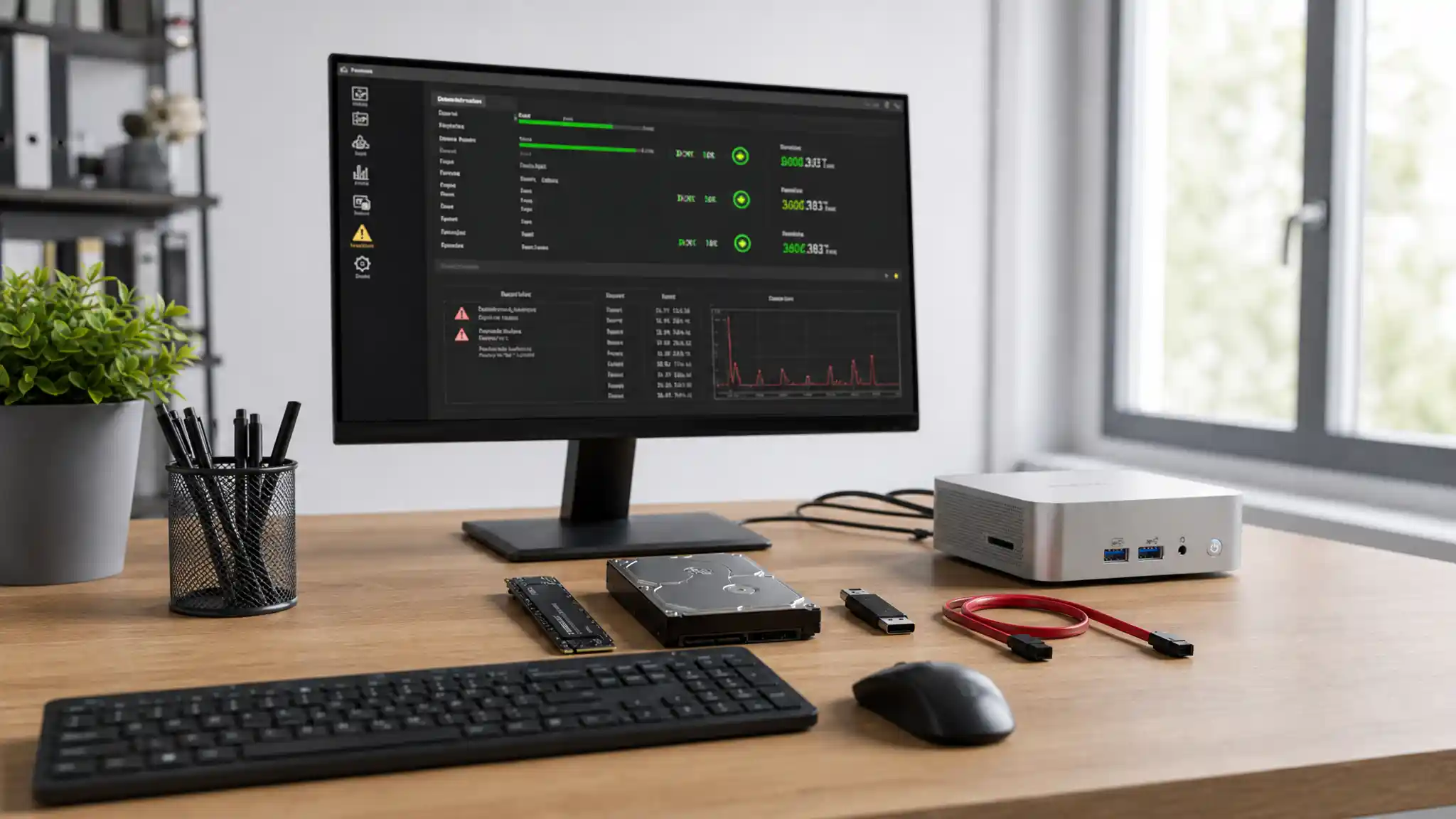 Mini PC displaying storage diagnostics with NVMe SSD, external hard drive and USB devices for CRC error troubleshooting