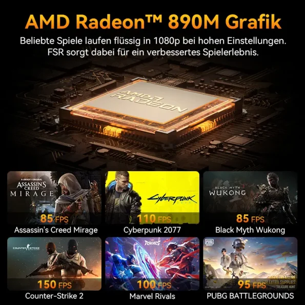 Infografik zur AMD Radeon 890M Grafik mit FPS-Gaming-Performance und FSR Frame Generation bei 1080p.