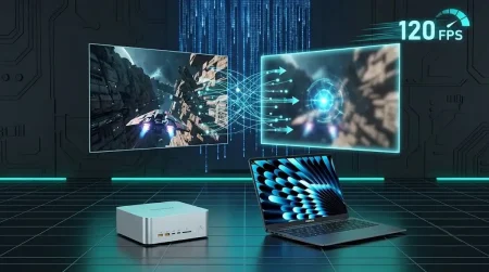 Hochentwickelte Technologie-Covergrafik, die die Anwendung der Frame Generation-Technologie im Gaming visualisiert. Auf dem linken Bildschirm wird ein Original-Frame und auf dem rechten Bildschirm der generierte Frame angezeigt. Zwischen den beiden Bildschirmen fließt ein Datenstrom, der den Prozess der Frame-Generierung veranschaulicht. Die Abbildung enthält außerdem eine FPS-Anzeige mit der Aufschrift 120, um die Leistungssteigerung durch Frame Generation hervorzuheben.