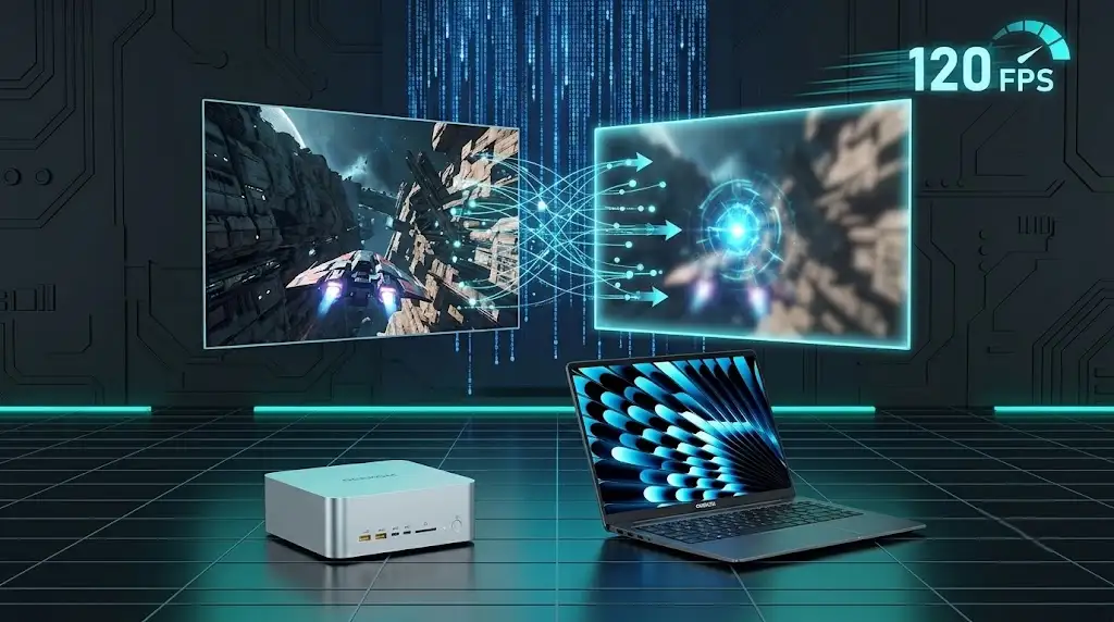 Hochentwickelte Technologie-Covergrafik, die die Anwendung der Frame Generation-Technologie im Gaming visualisiert. Auf dem linken Bildschirm wird ein Original-Frame und auf dem rechten Bildschirm der generierte Frame angezeigt. Zwischen den beiden Bildschirmen fließt ein Datenstrom, der den Prozess der Frame-Generierung veranschaulicht. Die Abbildung enthält außerdem eine FPS-Anzeige mit der Aufschrift 120, um die Leistungssteigerung durch Frame Generation hervorzuheben.