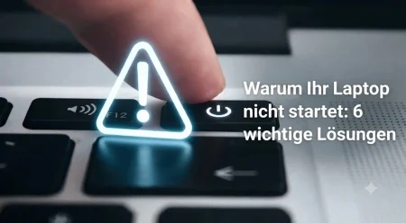 Nahaufnahme eines Fingers, der die Einschalttaste eines Laptops drückt, mit einem leuchtenden Warnsymbol und dem Text „Warum Ihr Laptop nicht startet: 6 wichtige Lösungen“.