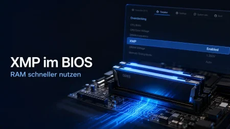 Mainboard mit DDR5-Arbeitsspeicher und hervorgehobener XMP-Einstellung im BIOS für eine höhere RAM-Geschwindigkeit.