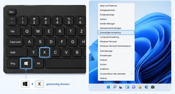 Tastenkombination Win + X öffnet das Windows-11-Schnellmenü mit ausgewählter Datenträgerverwaltung