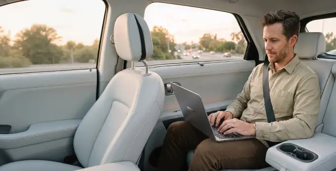Mann arbeitet auf dem Rücksitz eines Autos mit dem GEEKOM GEEKBOOK M16