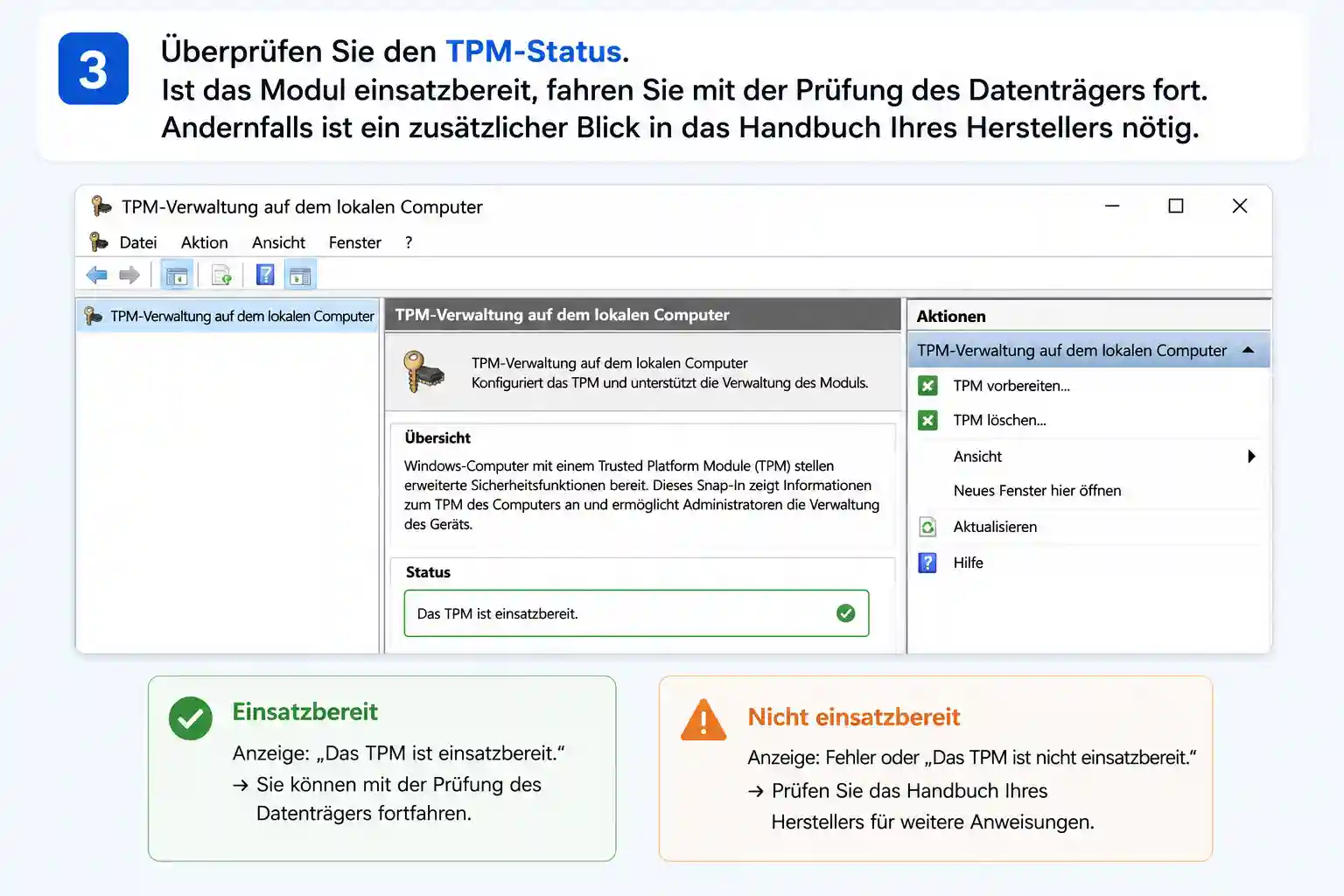 TPM-Status in der TPM-Verwaltung von Windows prüfen und kontrollieren, ob das Sicherheitsmodul einsatzbereit ist.