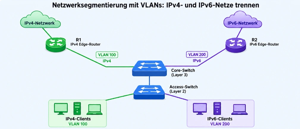 VLAN Homelab mit IPv4- und IPv6-Netzwerksegmentierung über Core-Switch, Access-Switch und getrennte VLANs 100 und 200.