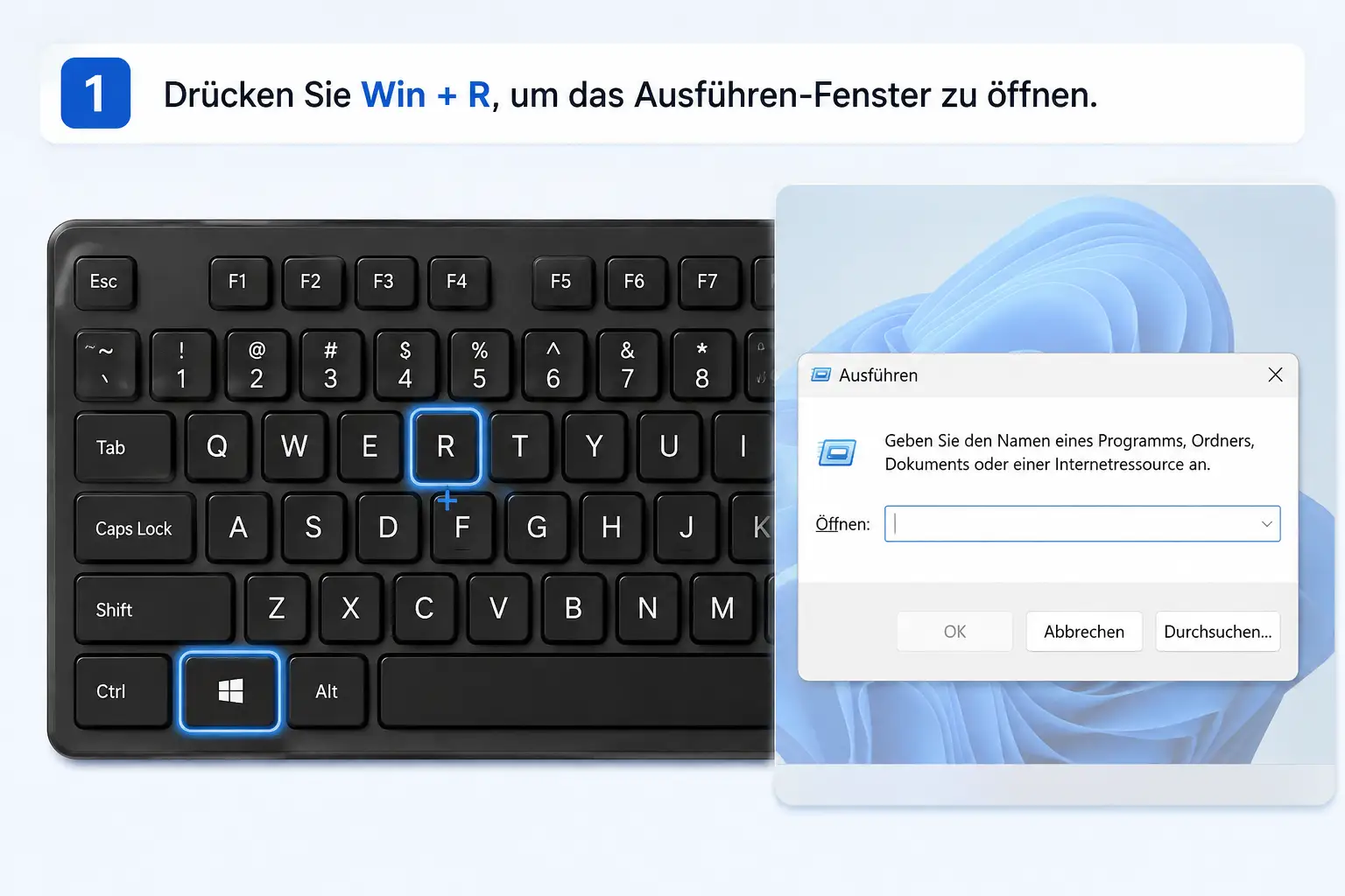 Win + R drücken, um das Ausführen-Fenster in Windows zu öffnen.