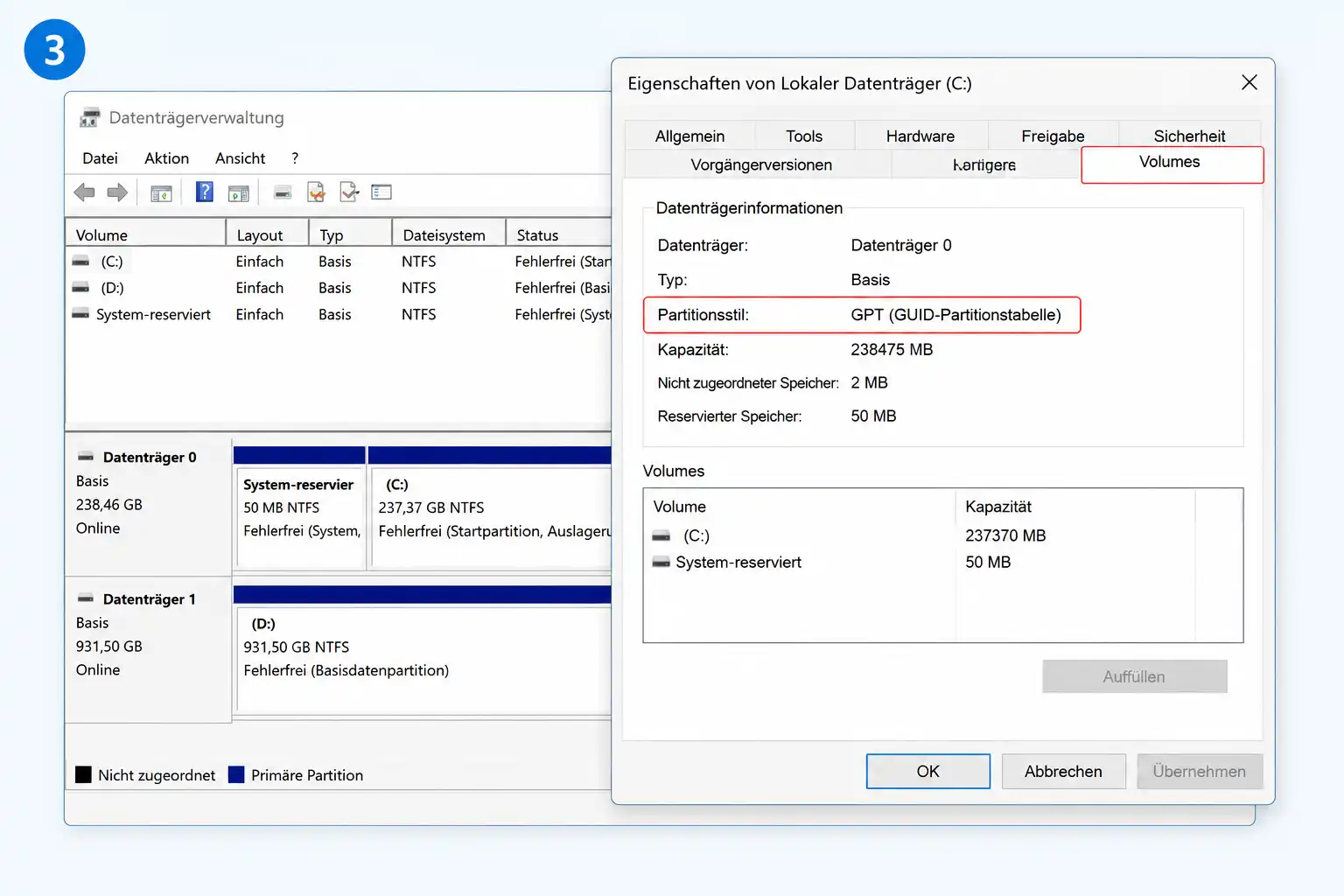 Windows-Datenträgereigenschaften mit geöffneter Registerkarte „Volumes“ und hervorgehobener GPT-Partitionsstil-Anzeige