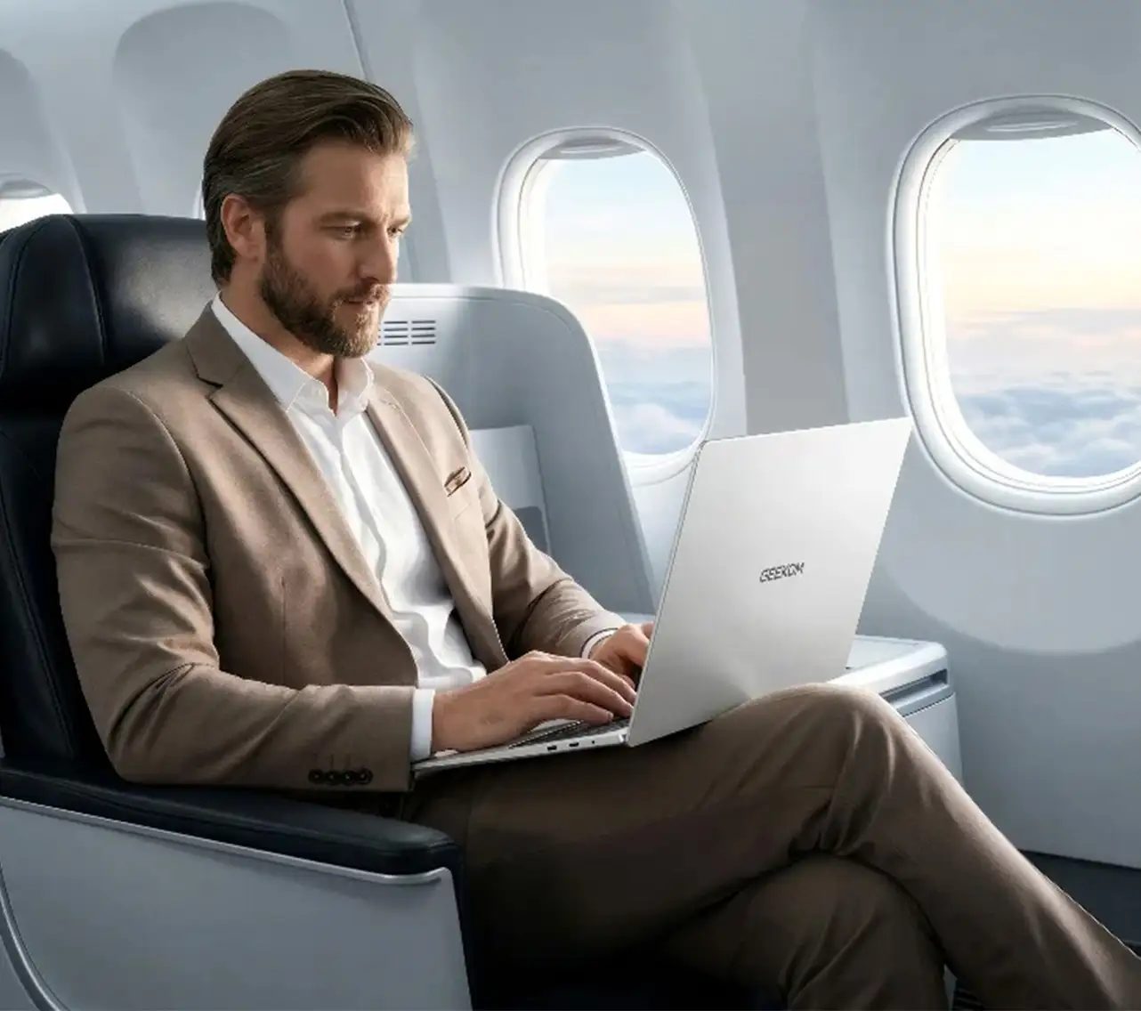 Geschäftsmann nutzt das GEEKOM GEEKBOOK M16 im Flugzeug