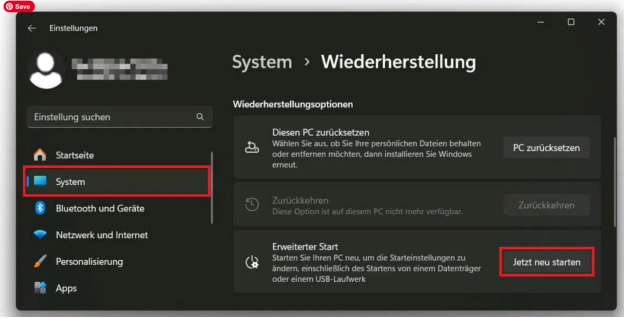 Windows-11-Starteinstellungen mit der Option „Abgesicherten Modus aktivieren“