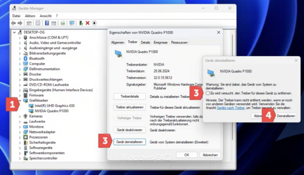 Geräte-Manager in Windows 11: Reiter „Treiber“ der Grafikkarte mit der Schaltfläche „Vorheriger Treiber“