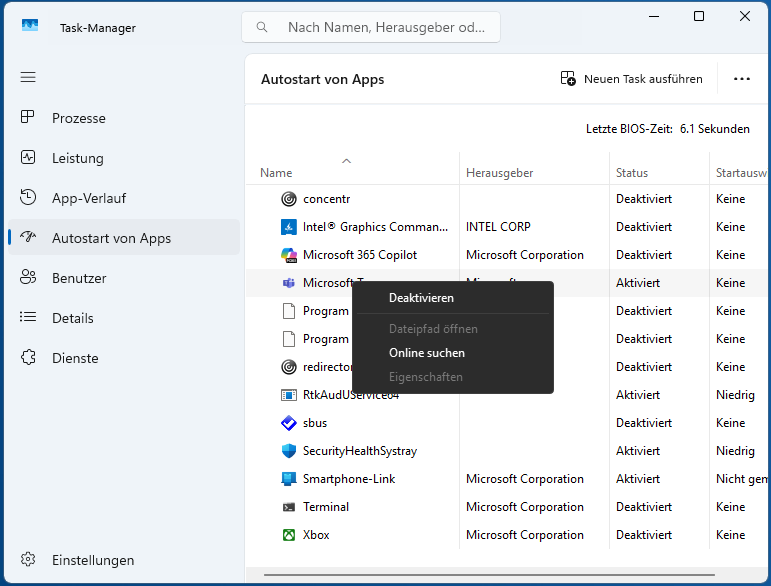 Task-Manager in Windows 11: Autostart-App mit hoher Startauswirkung deaktivieren