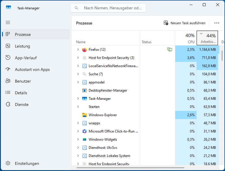 Task-Manager-Prozessliste, absteigend nach Arbeitsspeicher-Verbrauch sortiert