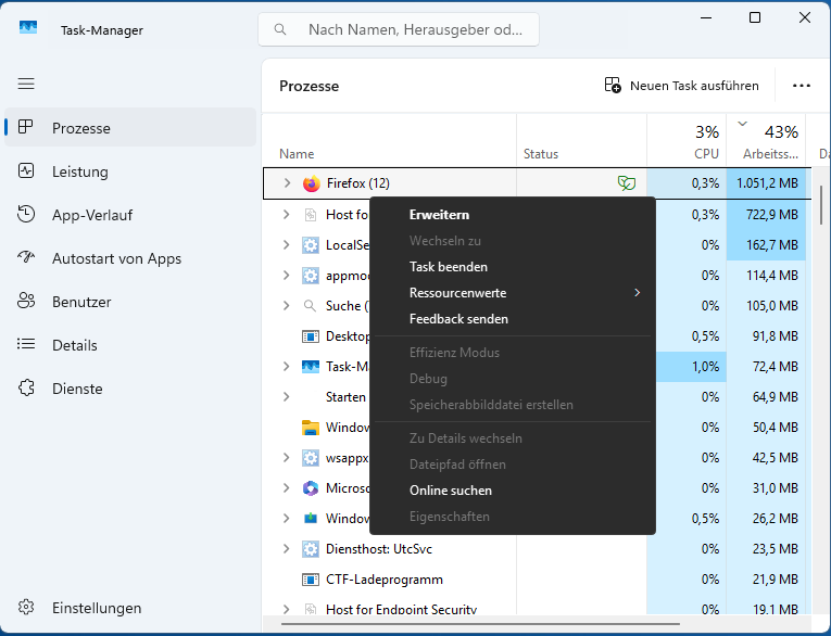 Rechtsklick auf einen Prozess im Task-Manager mit der Option „Task beenden“